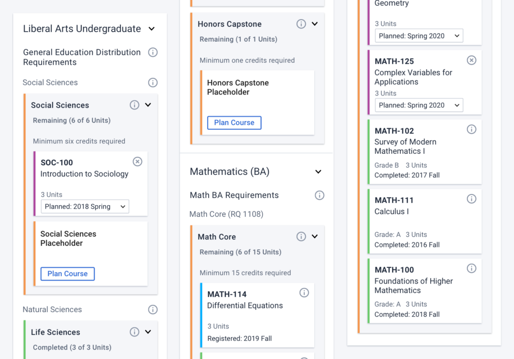 The degree requirement component before redesign showing how overwhelming it was.